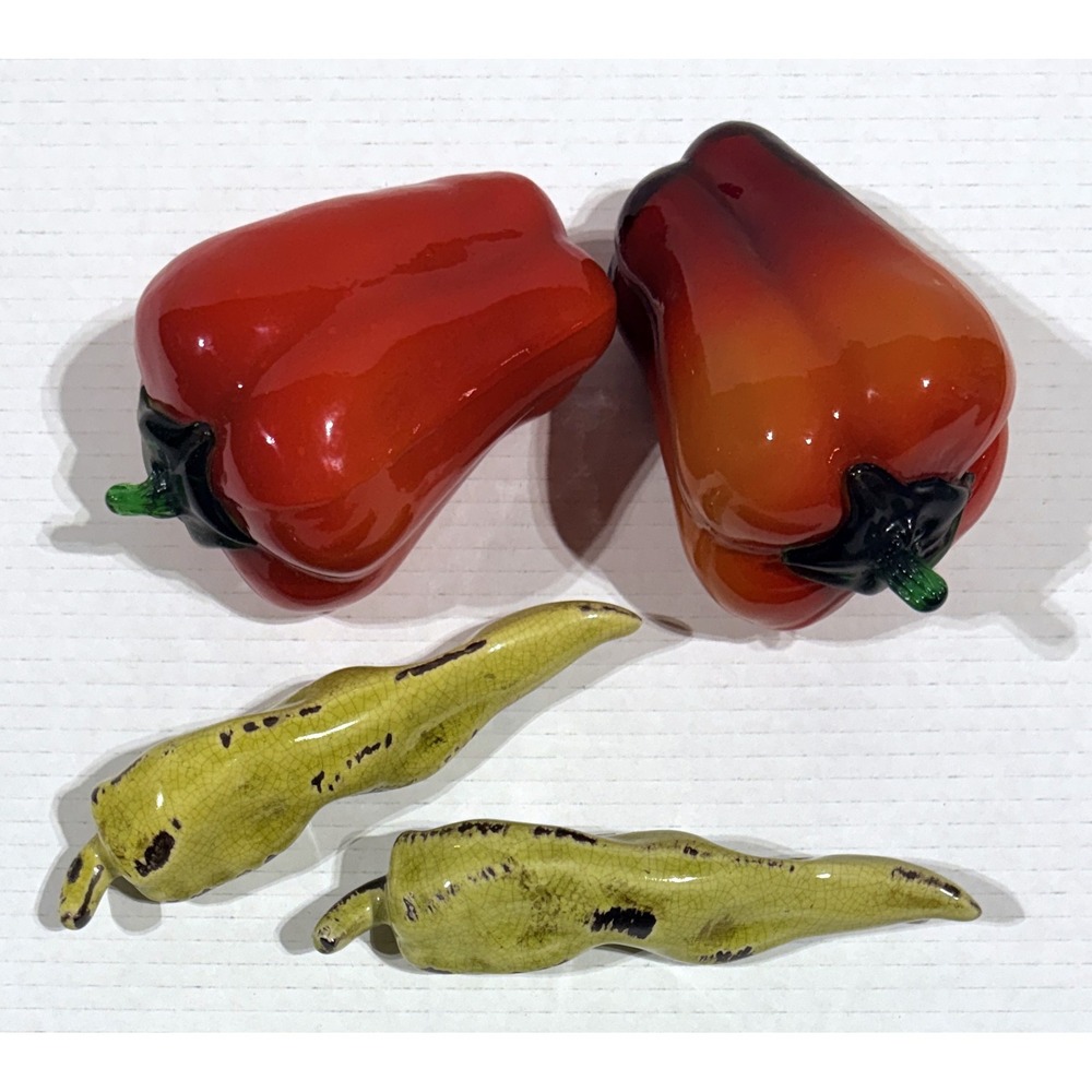 Vintage Decorative Red Glass Bell Peppers & Green Ceramic Chili Peppers Set of 4